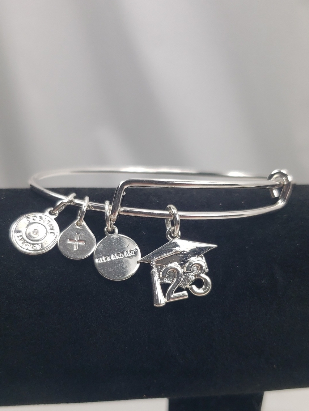 Alex and Ani 23 Graduation Cap Charm Bracelet Silver Tone